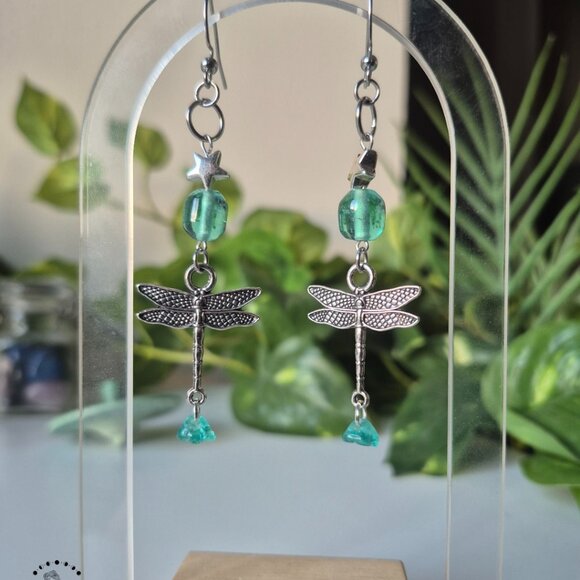 Turquoise Dragonfly Silver Dangle Earrings - Picture 4 of 8